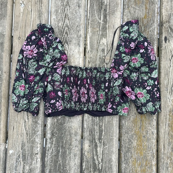 NWOT Zara Cotton Black Floral Ruffle Puff Sleeve Crop Top - Picture 5 of 7